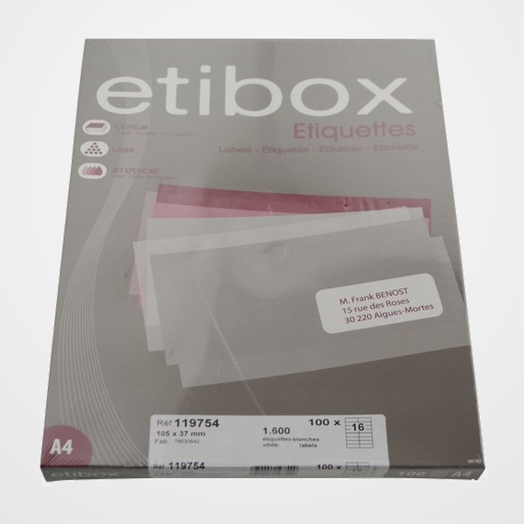 ETIQUETAS ADH.IMPR. A4 BLANCA CAJA 100h C.RECTOS 105x 37 mm 1.600 uds.