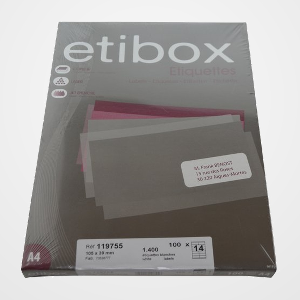 ETIQUETAS ADH.IMPR. A4 BLANCA CAJA 100h C.RECTOS 105x 39 mm 1.400 uds.