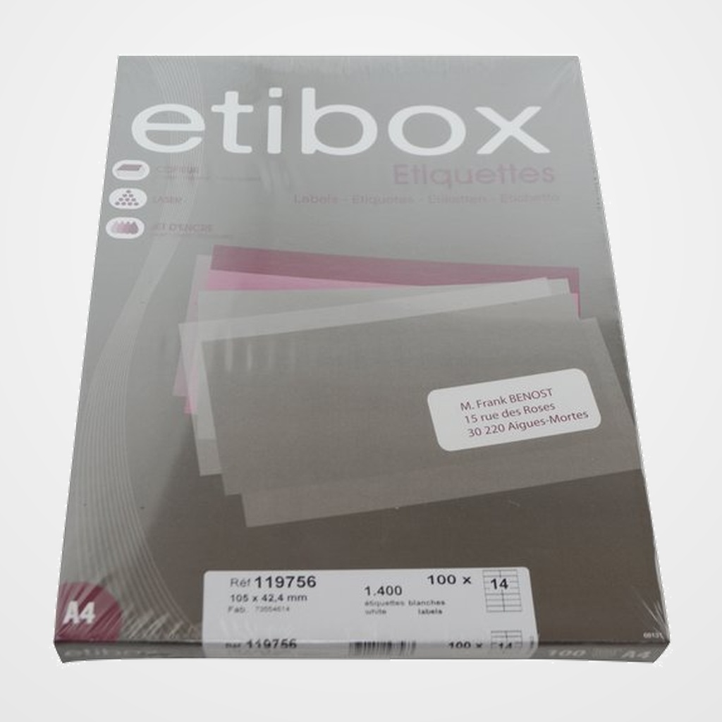 ETIQUETAS ADH.IMPR. A4 BLANCA CAJA 100h C.RECTOS 105x 42,4 mm 1.400 uds.