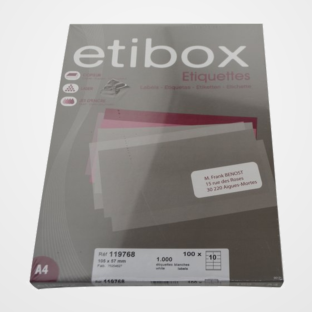 ETIQUETAS ADH.IMPR. A4 BLANCA CAJA 100h C.RECTOS 105x 57 mm 1.000 uds.
