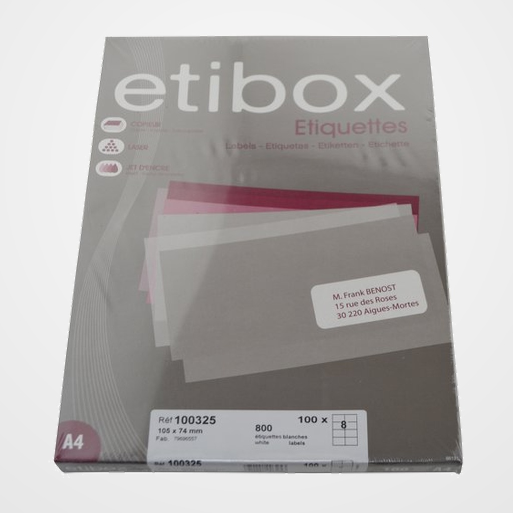 ETIQUETAS ADH.IMPR. A4 BLANCA CAJA 100h C.RECTOS 105x 74 mm 800 uds.