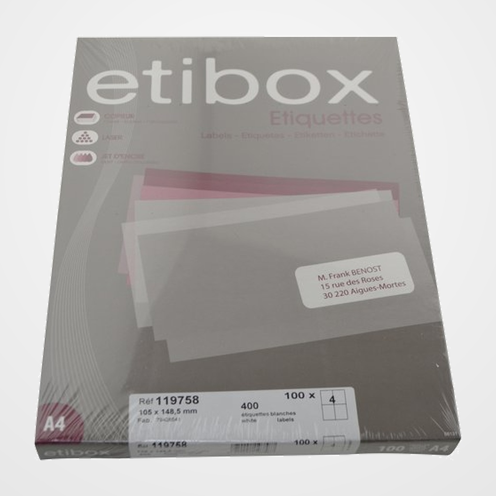 ETIQUETAS ADH.IMPR. A4 BLANCA CAJA 100h C.RECTOS 105x148,5 mm 400 uds.