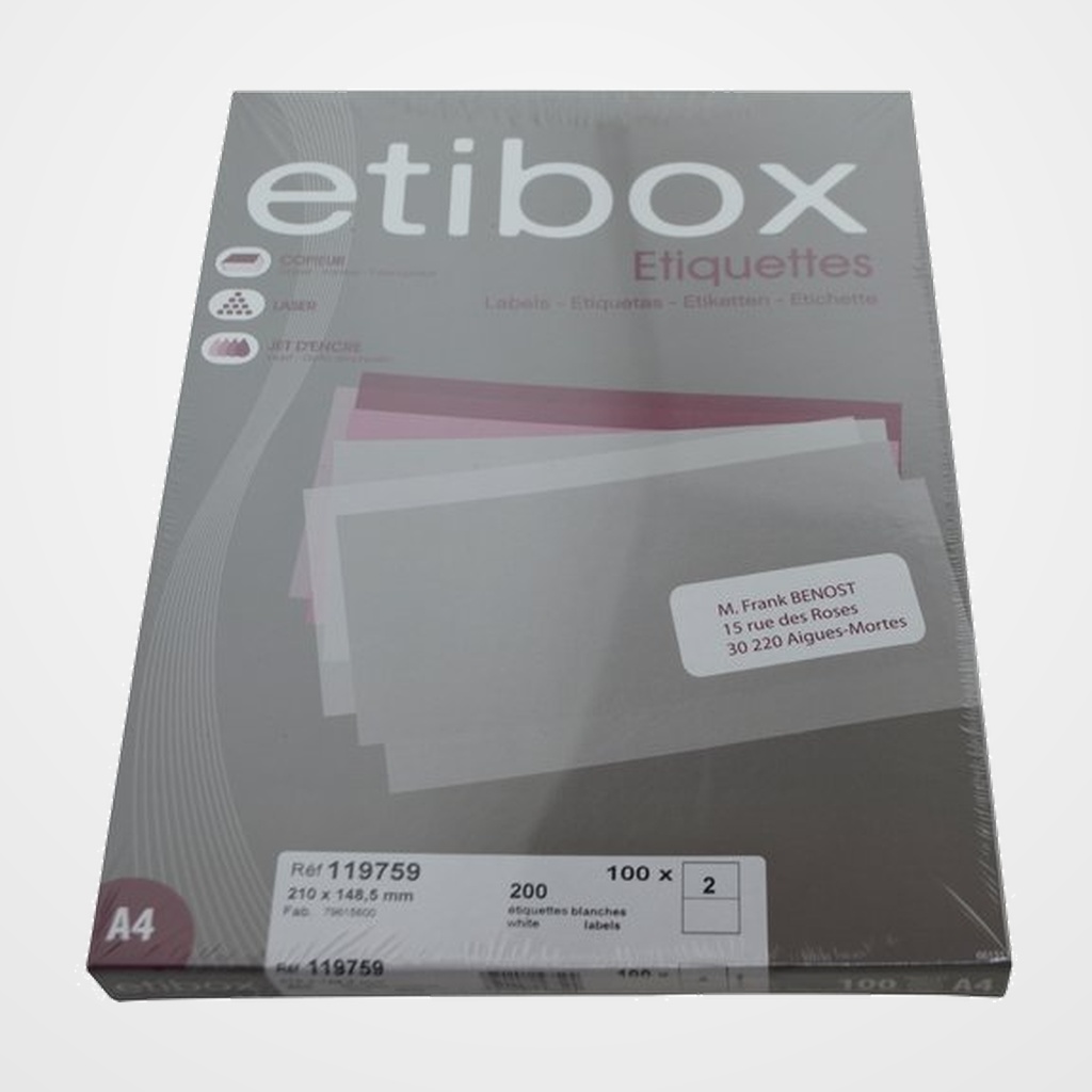 ETIQUETAS ADH.IMPR. A4 BLANCA CAJA 100h C.RECTOS 210x148,5 mm 200 uds.