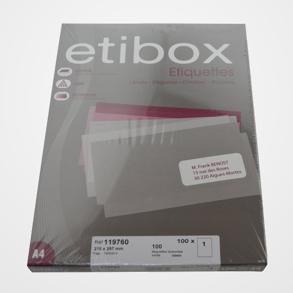 ETIQUETAS ADH.IMPR. A4 BLANCA CAJA 100h C.RECTOS 210x297 mm 100 uds.
