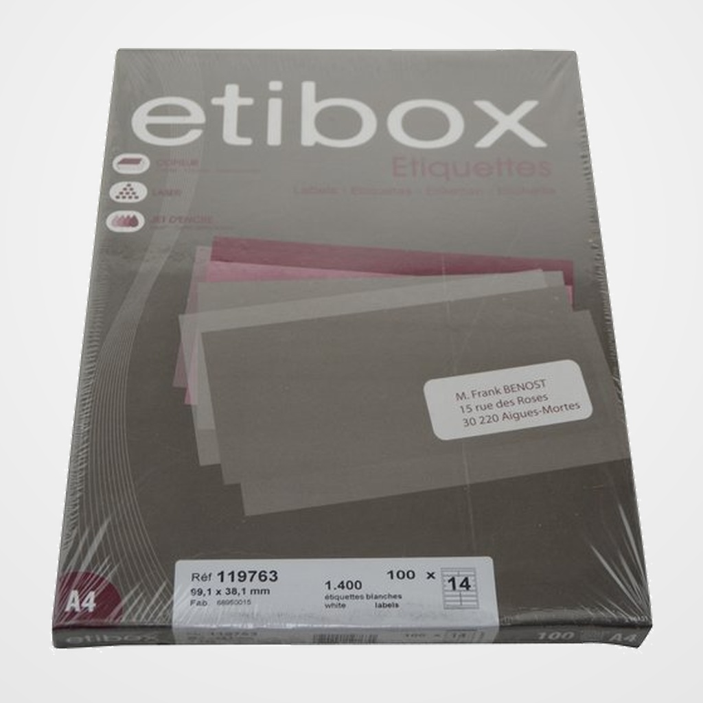 ETIQUETAS ADH.IMPR. A4 BLANCA CAJA 100h C.ROMOS 99,1x38,1 mm 1.400 uds.