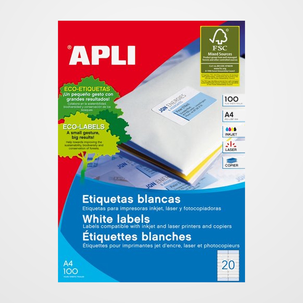 ETIQUETAS ADH.IMPR.APLI A4 BLANCA C.RECTOS CAJA 100h 105x 28,75 mm -1.600 uds.- y 105x33,5 mm -400 uds.-(12330)