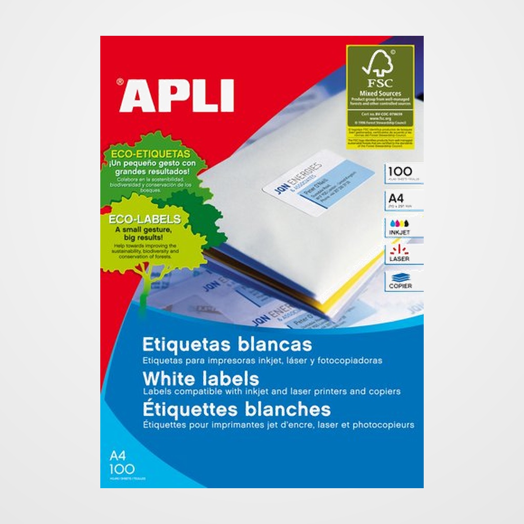 ETIQUETAS ADH.IMPR.APLI A4 BLANCA C.RECTOS CAJA 100h 105x148 mm 400 uds.(01280)