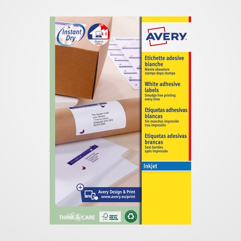 ETIQUETAS ADH.IMPR.AVERY A4 BLANCA C.ROMOS INKJET CAJA 25h 99,1x33,9 mm 400 uds.(J8162)
