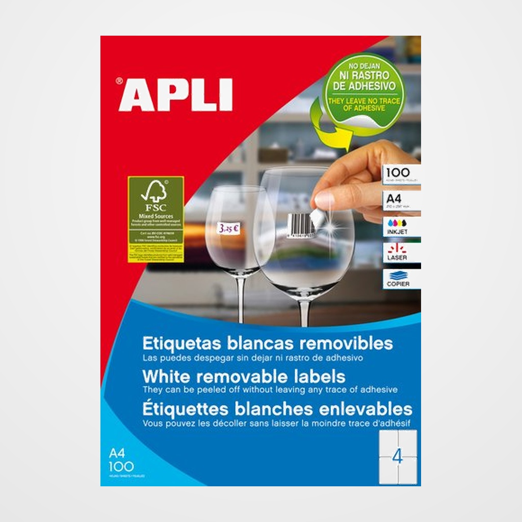 ETIQUETAS ADH.IMPR.APLI A4 BLANCA C.RECTOS REMOVIBLE CAJA 100h 105x148 mm 400 uds.(03058)