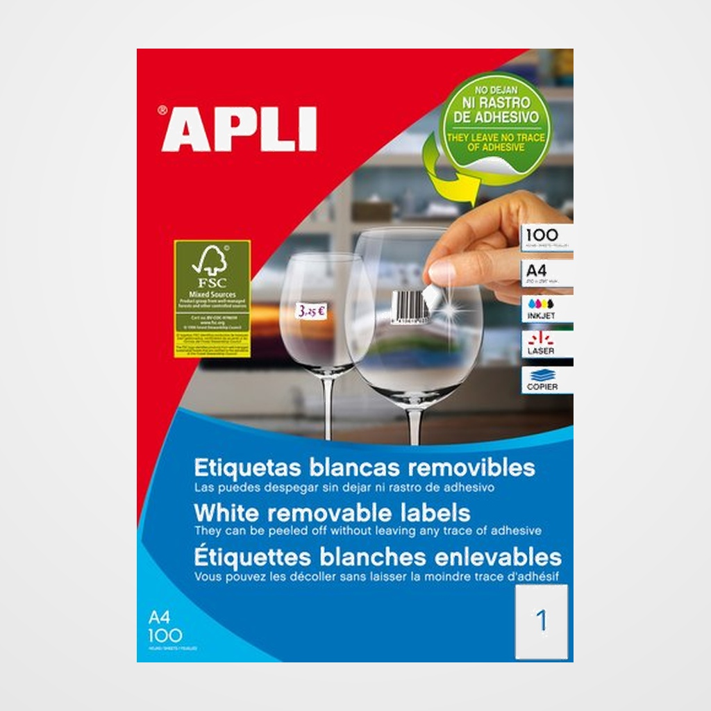 ETIQUETAS ADH.IMPR.APLI A4 BLANCA C.RECTOS REMOVIBLE CAJA 100h 210x297 mm 100 uds.(03060)