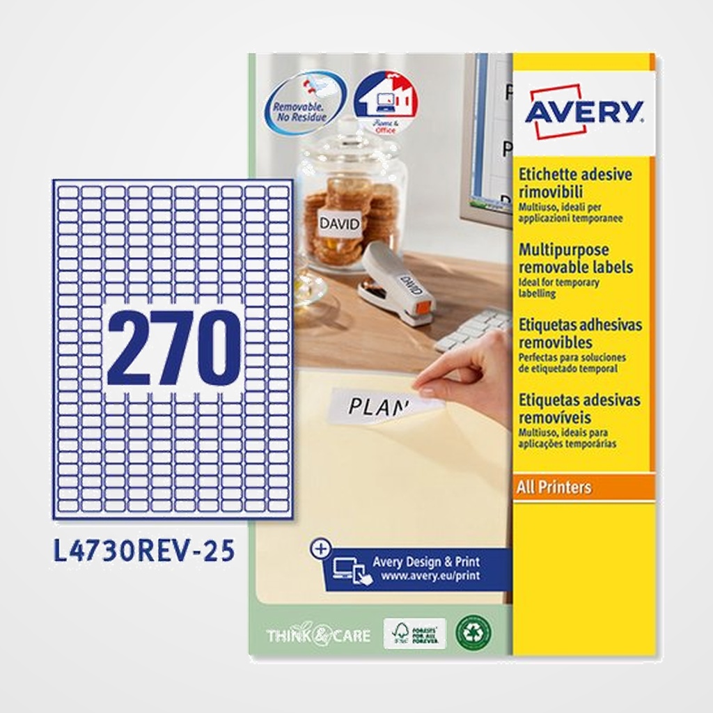 ETIQUETAS ADH.IMPR.AVERY A4 BLANCA C.ROMOS REMOVIBLE CAJA 25h 17,8x10 mm 6.750 uds.(L4730REV)