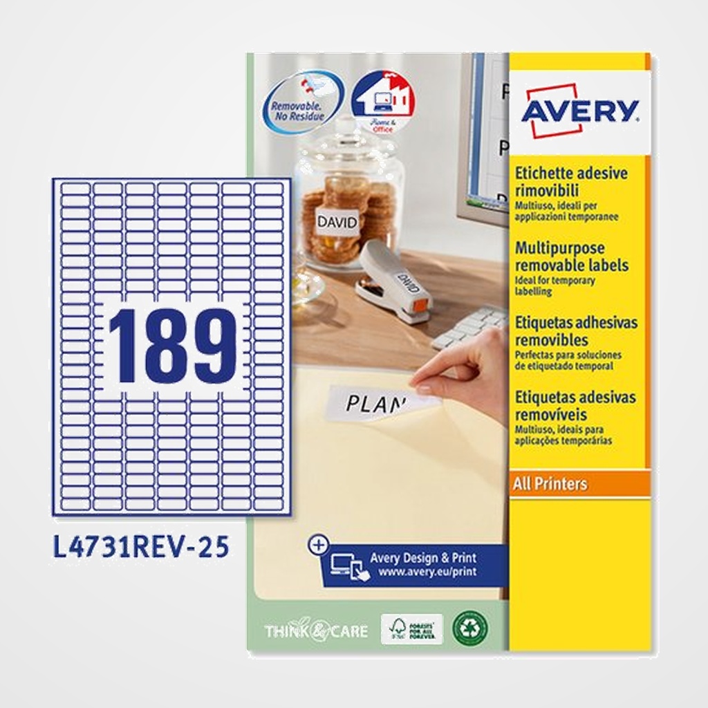 ETIQUETAS ADH.IMPR.AVERY A4 BLANCA C.ROMOS REMOVIBLE CAJA 25h 25,4x10 mm 4.725 uds.(L4731REV)