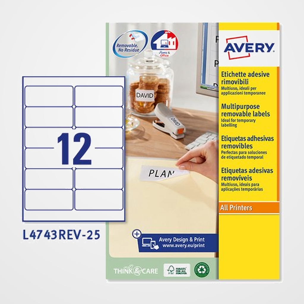ETIQUETAS ADH.IMPR.AVERY A4 BLANCA C.ROMOS REMOVIBLE CAJA 25h 99,1x42,3 mm 300 uds.(L4743REV)