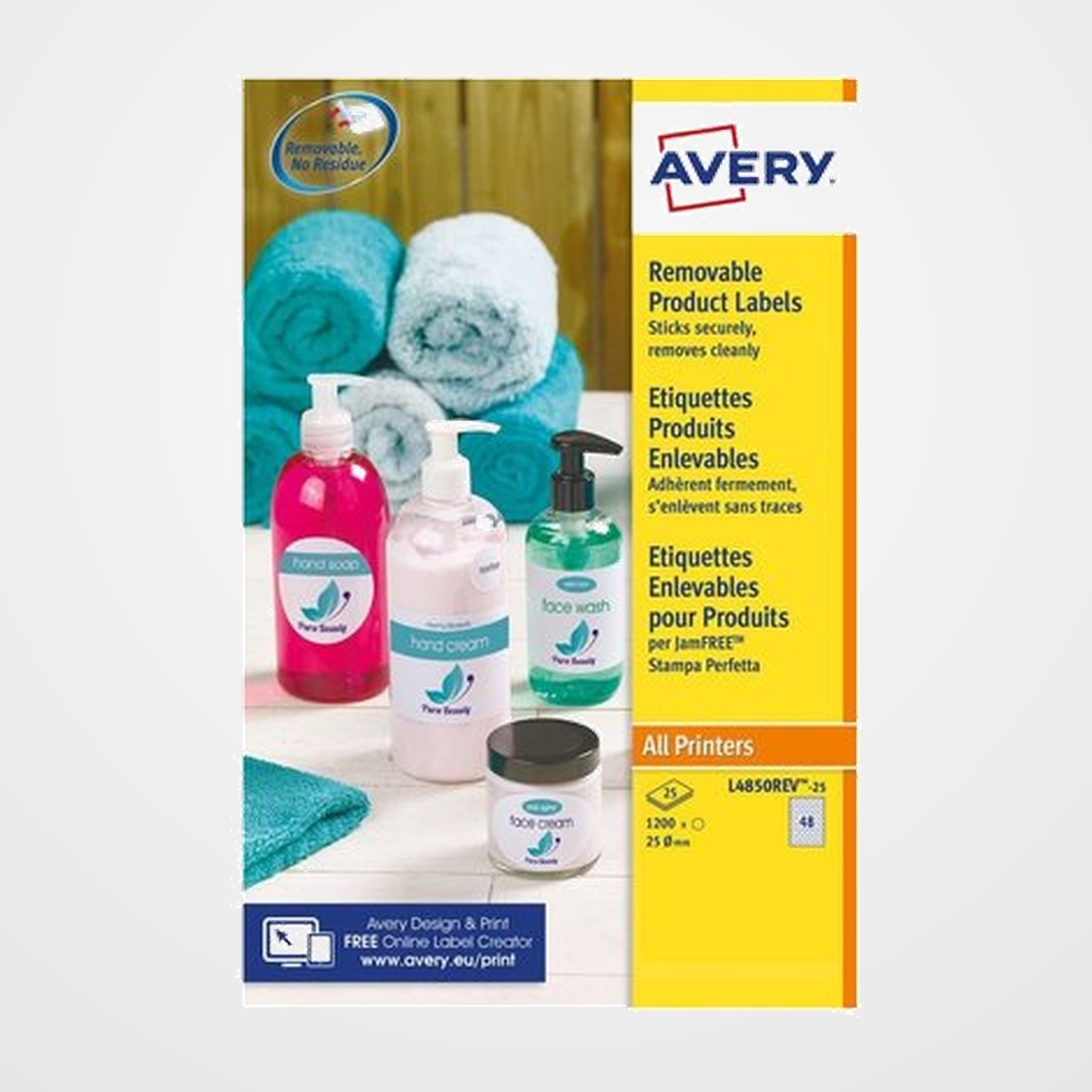 ETIQUETAS ADH.IMPR.AVERY A4 BLANCA REDONDA REMOVIBLE ECO CAJA 25h Ø37mm 600uds.(L4851REV)