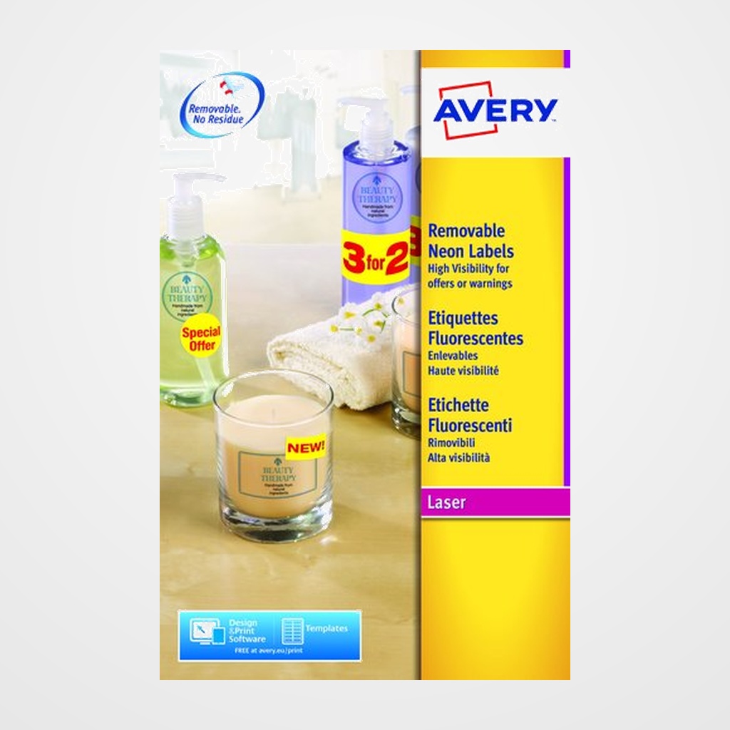 ETIQUETAS ADH.IMPR.AVERY A4 FLUOR AMARILLO C.ROMOS CAJA 25h 99,1x38,1 mm 350 uds.(L7263Y)