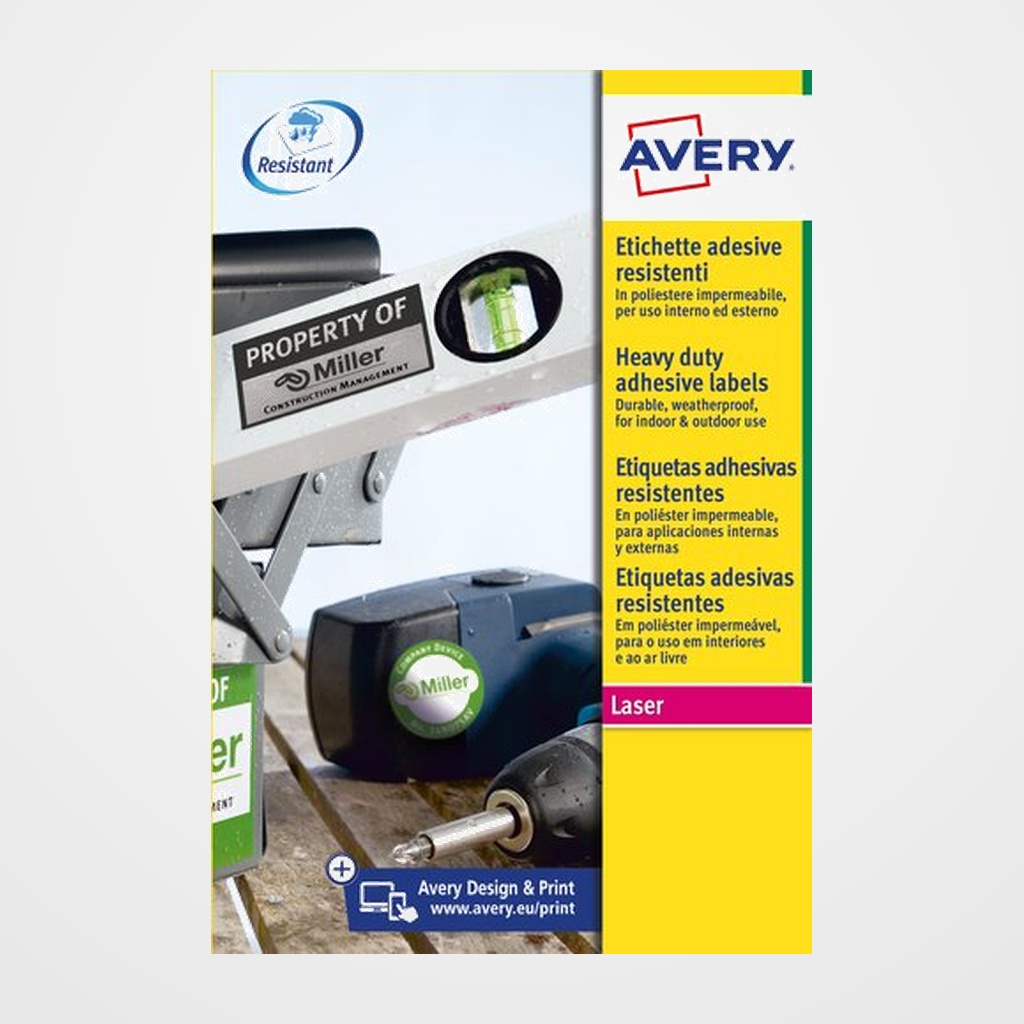 ETIQUETAS ADH.IMPR.AVERY A4 POLYESTER PLATA C.RECTOS LASER CAJA 20h 210x297 mm 20 uds.(L6013)