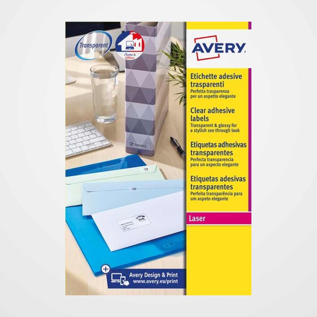 ETIQUETAS ADH.IMPR.AVERY A4 POLYESTER TRANSPARENTE C.ROMOS LASER CAJA 25h 99,1x38,1 mm 350 uds.(L7563)