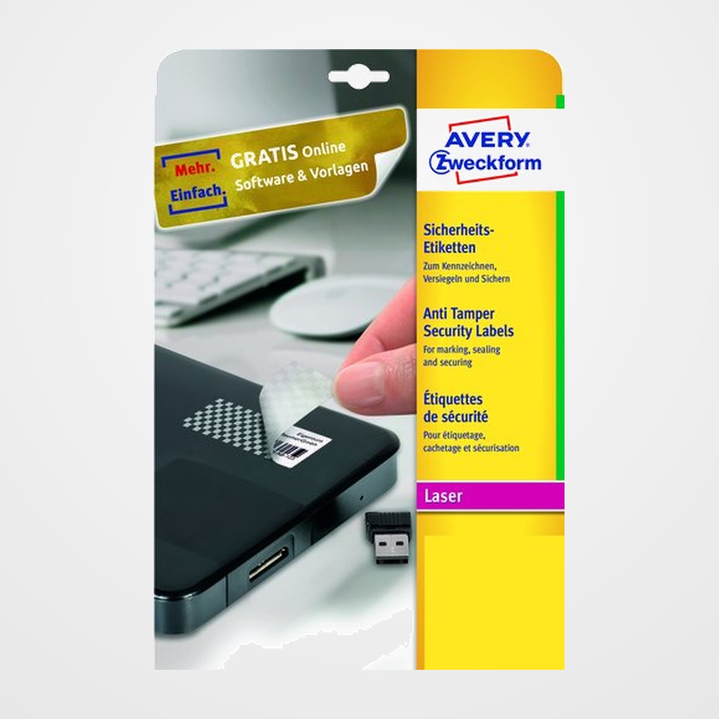 ETIQUETAS ADH.IMPR.AVERY A4 SEGURIDAD ANTIFRAUDE C.ROMOS LASER CAJA 20h 63,5x29,6 mm 540 uds.(L6114)