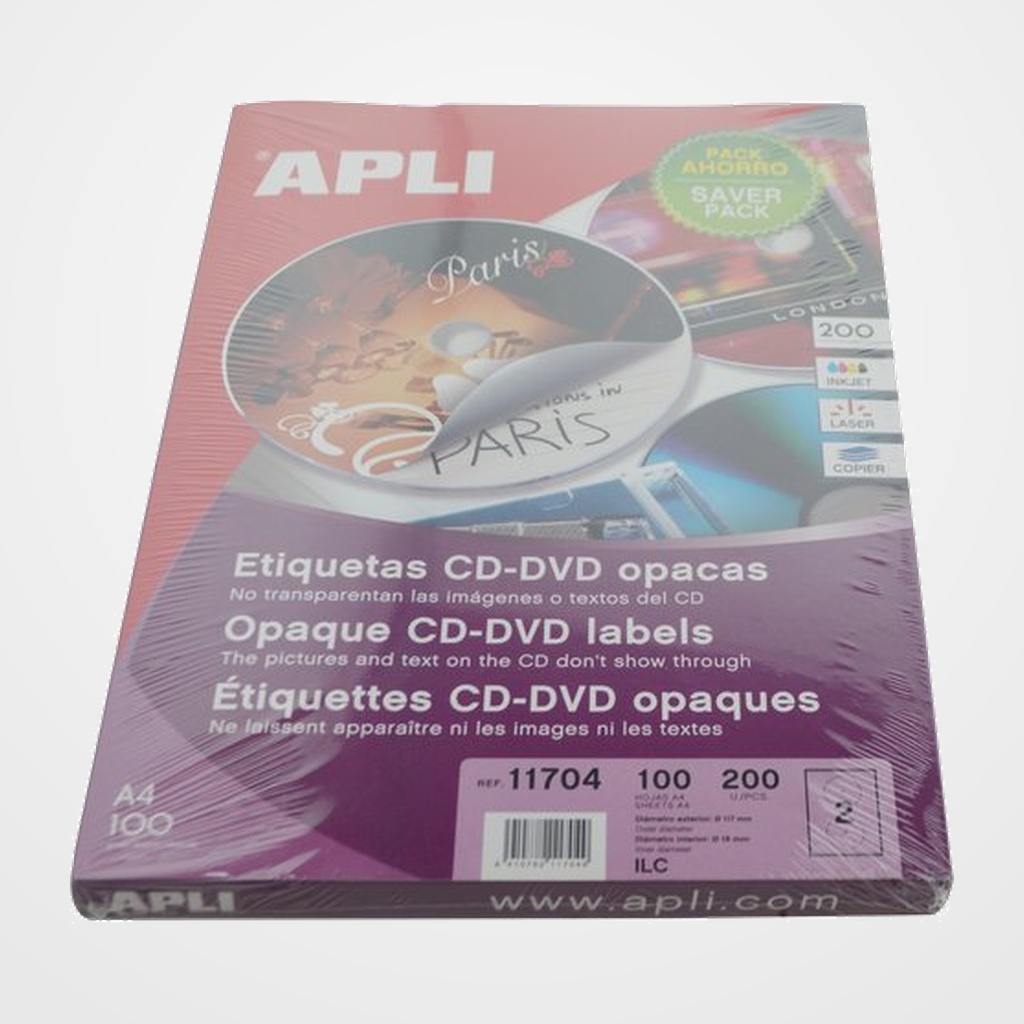 ETIQUETAS ADH.IMPR.APLI A4 MULTIMED.CD-DVD MEGA CAJA 100h DORSO OPACO Ø ext.117 e int.18 mm 200 uds.(11704)