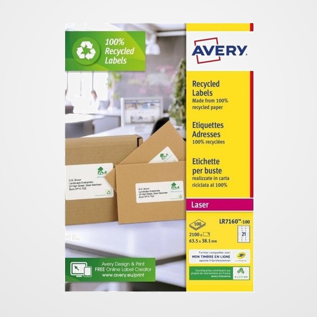 ETIQUETAS ADH.IMPR.AVERY A4 BLANCA RECICLADA QUICKPEEL LASER 99.1x38.1 mm CAJA 100h