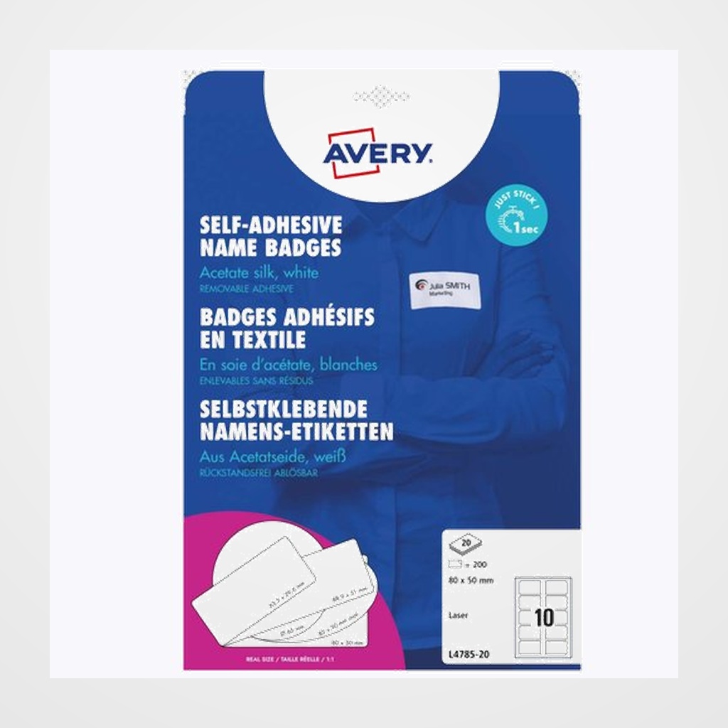 ETIQUETAS ADH.IMPR.AVERY A4 BLANCA IDENTIFICATIVOS ACETATO DE SEDA INKJET/LASER CAJA 20h 80x50 mm 200 ud.