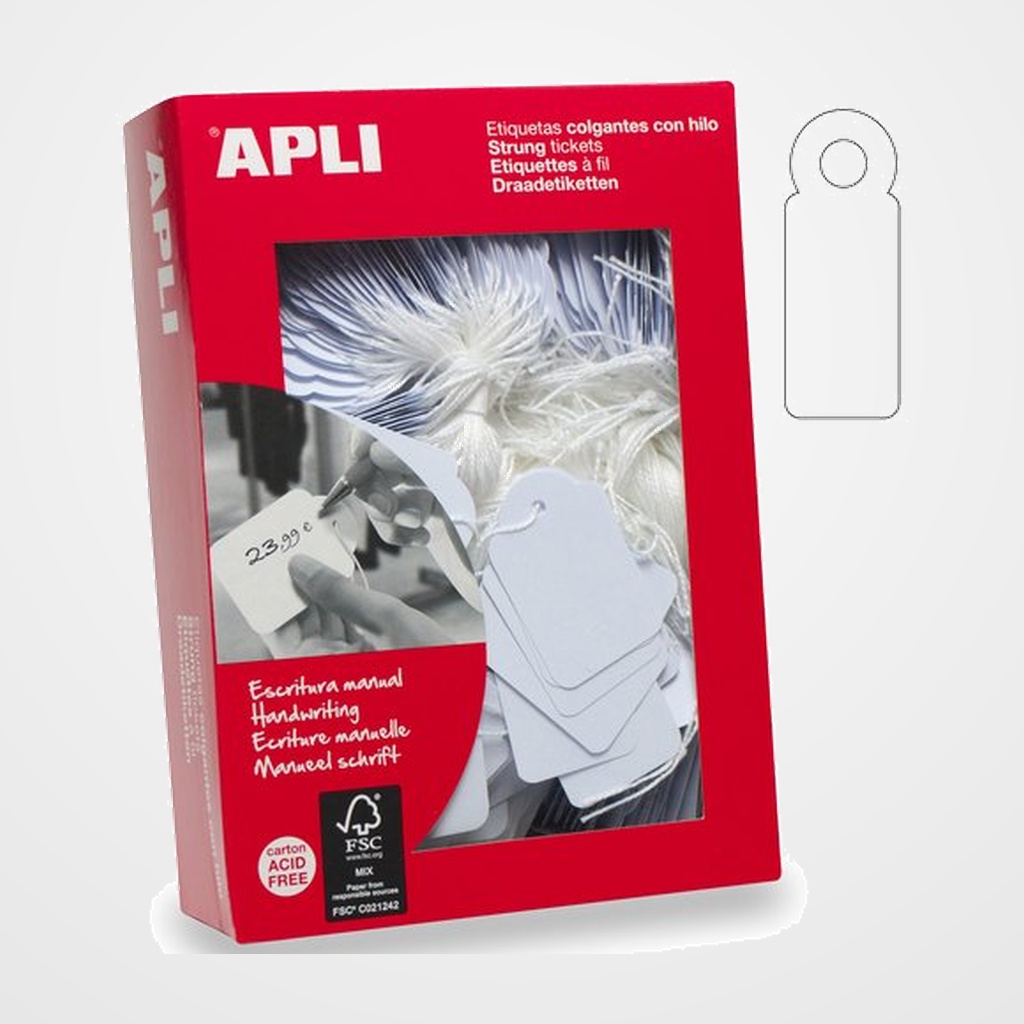 ETIQUETAS MANUALES COLGANTES con HILO APLI 15x24 mm CAJA 1.000 uds. (00388)