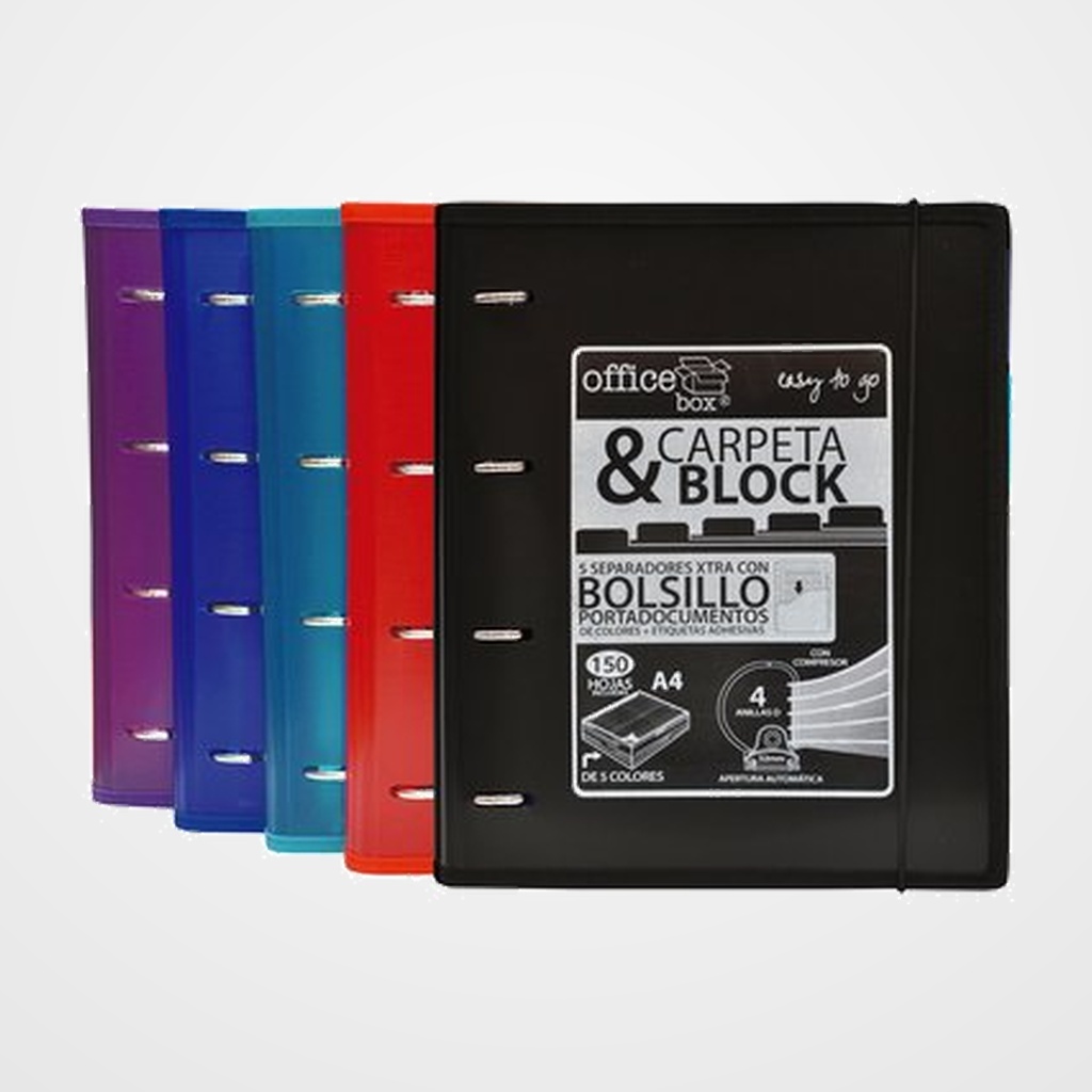 CARPEBLOC OFFICE BOX A4 4an.32 mm MIXTAS AUTOMATICAS, 150hj.90gr.CUADRIC.5x5 CIERRE DE GOMA 5 SEPARADORES EXTRA RIGIDOS CON INDICADORES Y BOLSILLO EXPOSITOR DE 6