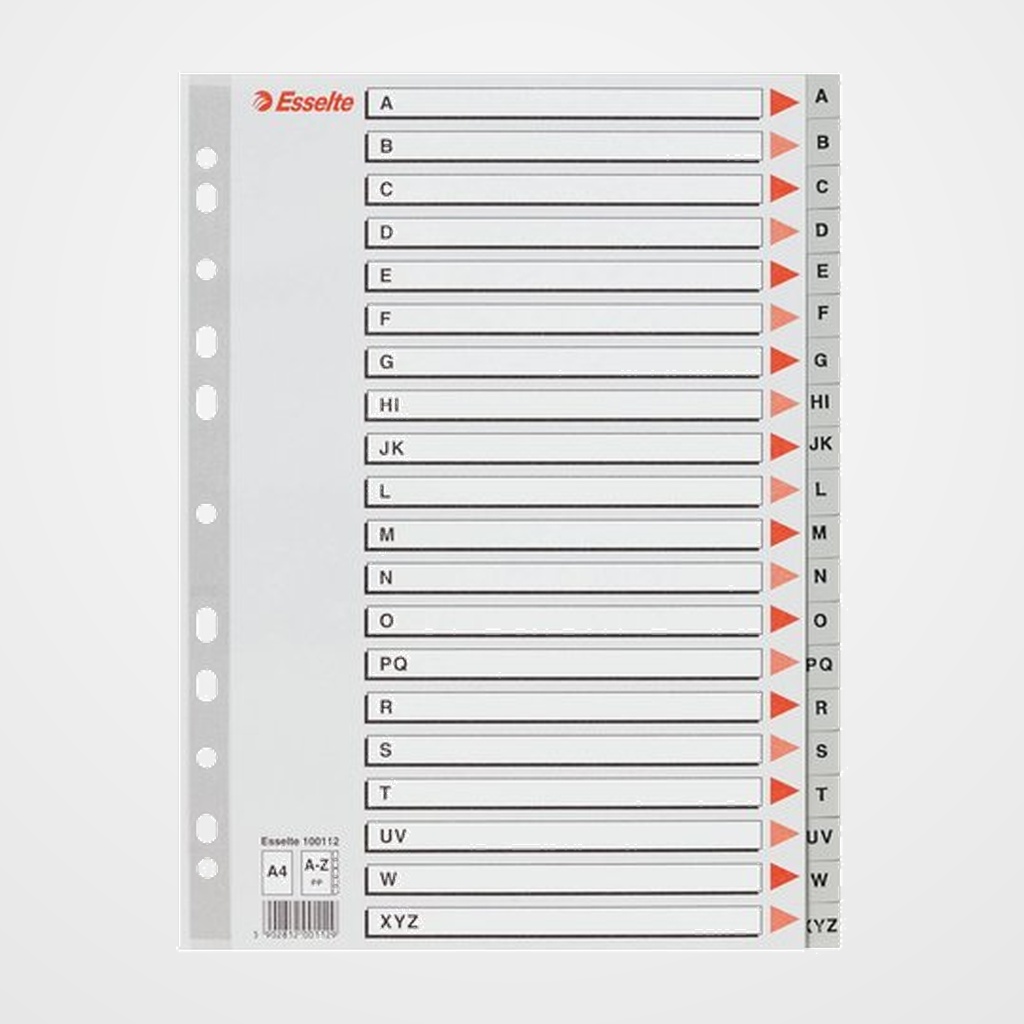 INDICE ESSELTE PP ALFABETICO A4 20 pestañas 11 taladros GRIS con IND.COL.