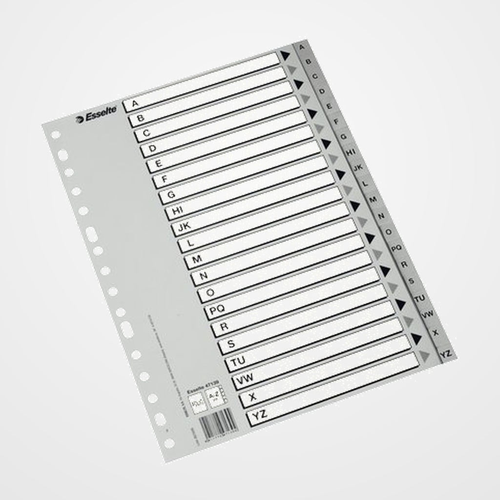INDICE ESSELTE PP ALFABETICO A4 20 pestañas 16 taladros GRIS
