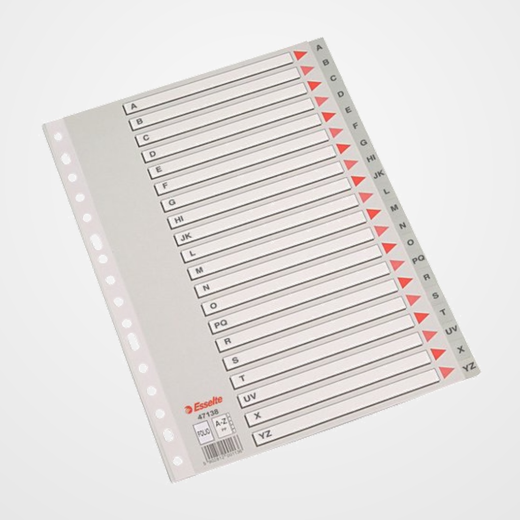 INDICE ESSELTE PP ALFABETICO Fº 20 pestañas 16 taladros GRIS con IND.COL.