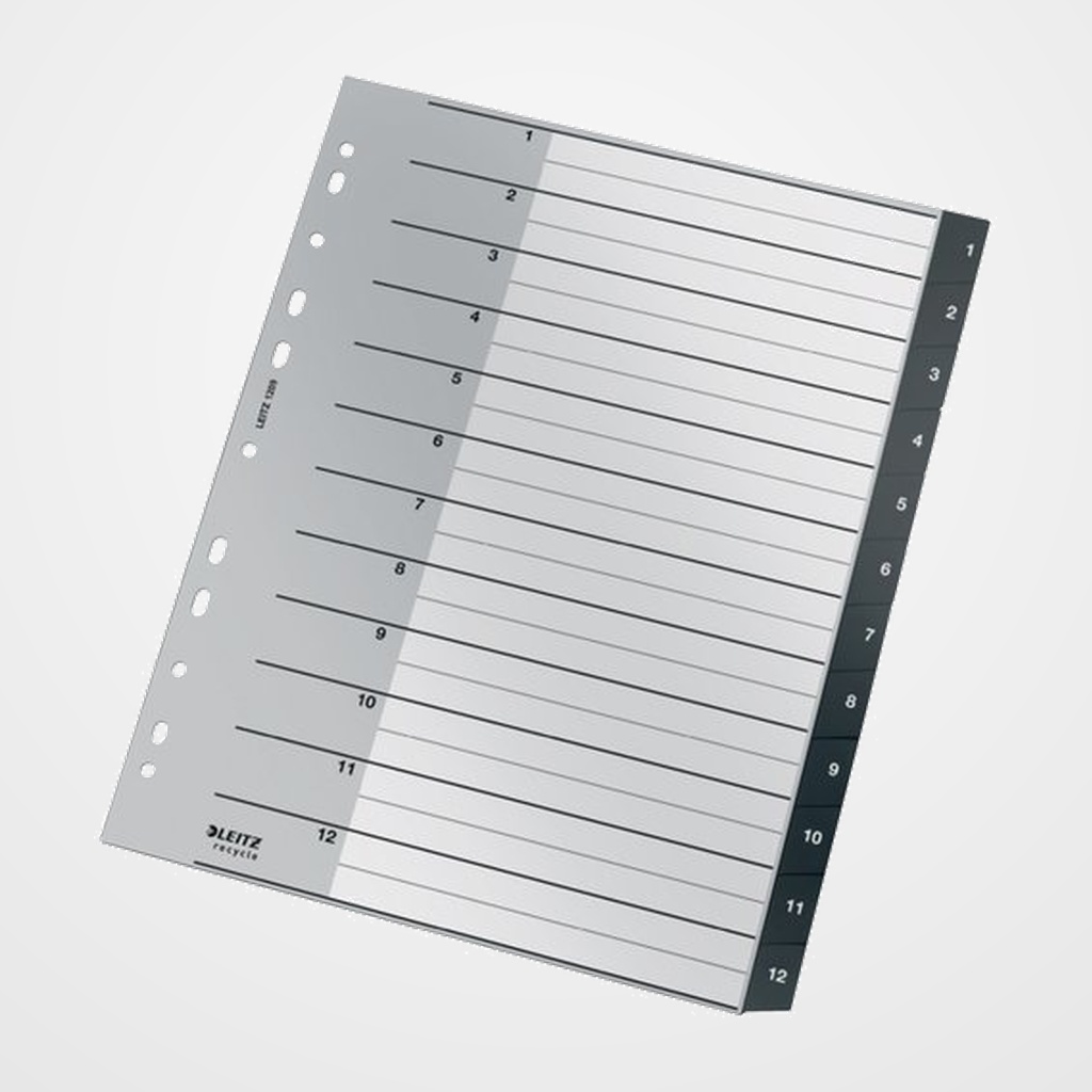 INDICE LEITZ PP RECYCLE NUMERICO A4+ pestañas 1-12 11 taladros NEGRO