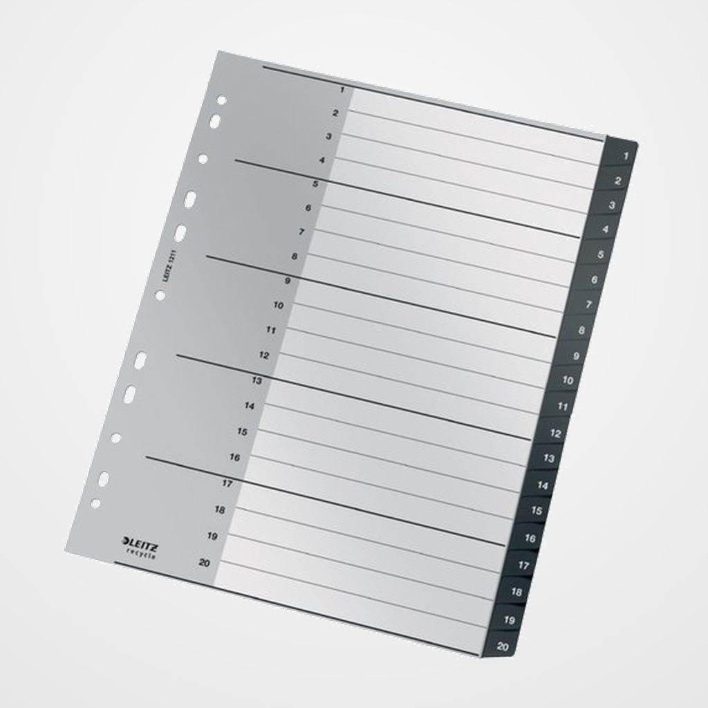 INDICE LEITZ PP RECYCLE NUMERICO A4+ pestañas 1-20 11 taladros NEGRO