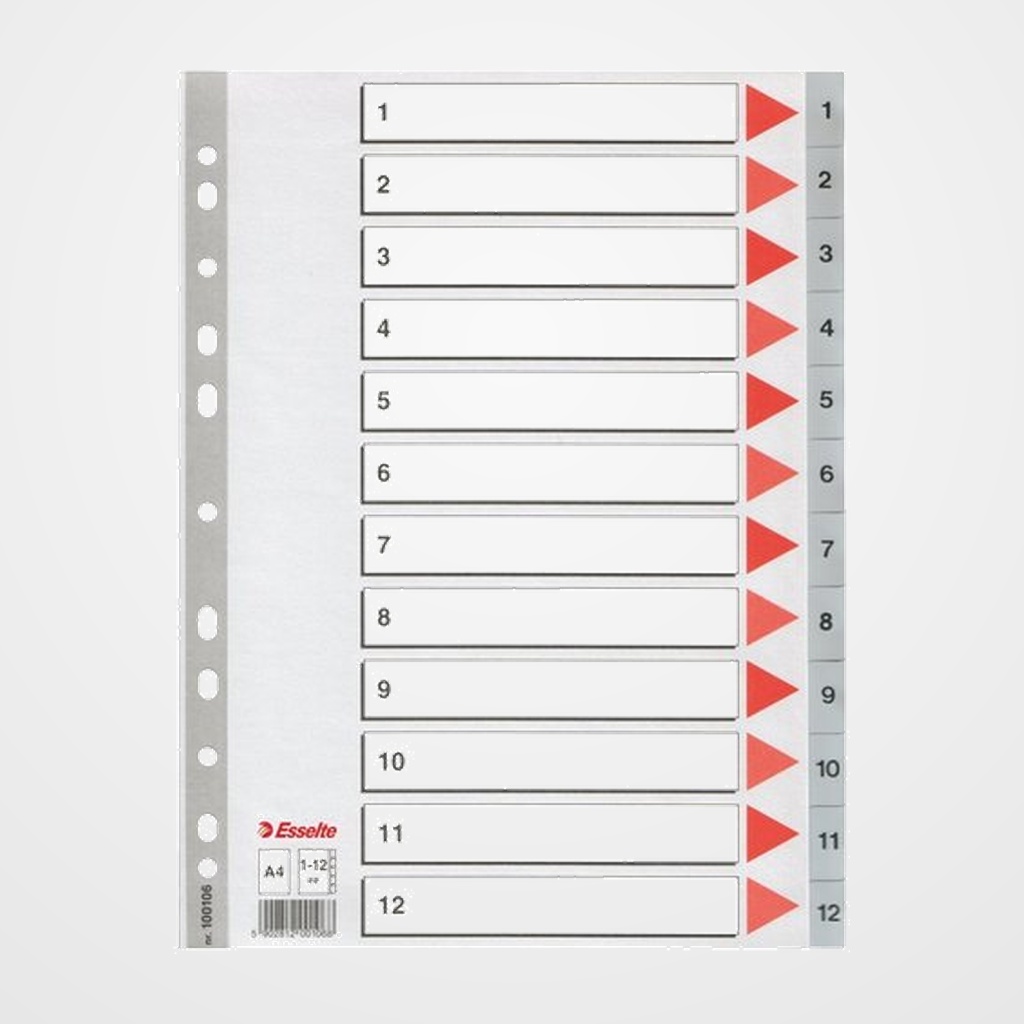 INDICE ESSELTE PP NUMERICO A4 pestañas 1-12 11 taladros GRIS con IND.COL.
