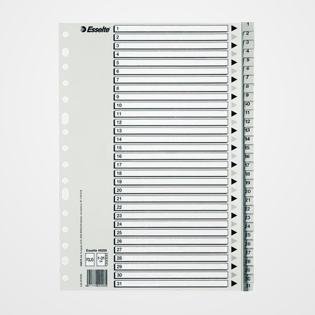 [20401060] INDICE ESSELTE PP NUMERICO A4 pestañas 1-31 11 taladros GRIS con IND.B/N