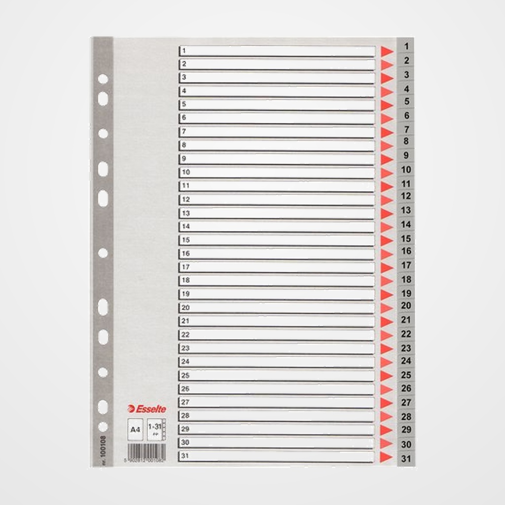 INDICE ESSELTE PP NUMERICO A4 pestañas 1-31 11 taladros GRIS con IND.COL.