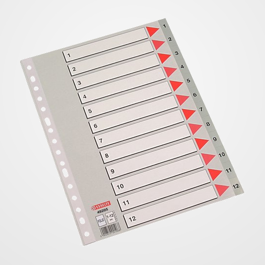 INDICE ESSELTE PP NUMERICO Fº pestañas 1-12 16 taladros GRIS con IND.COL.
