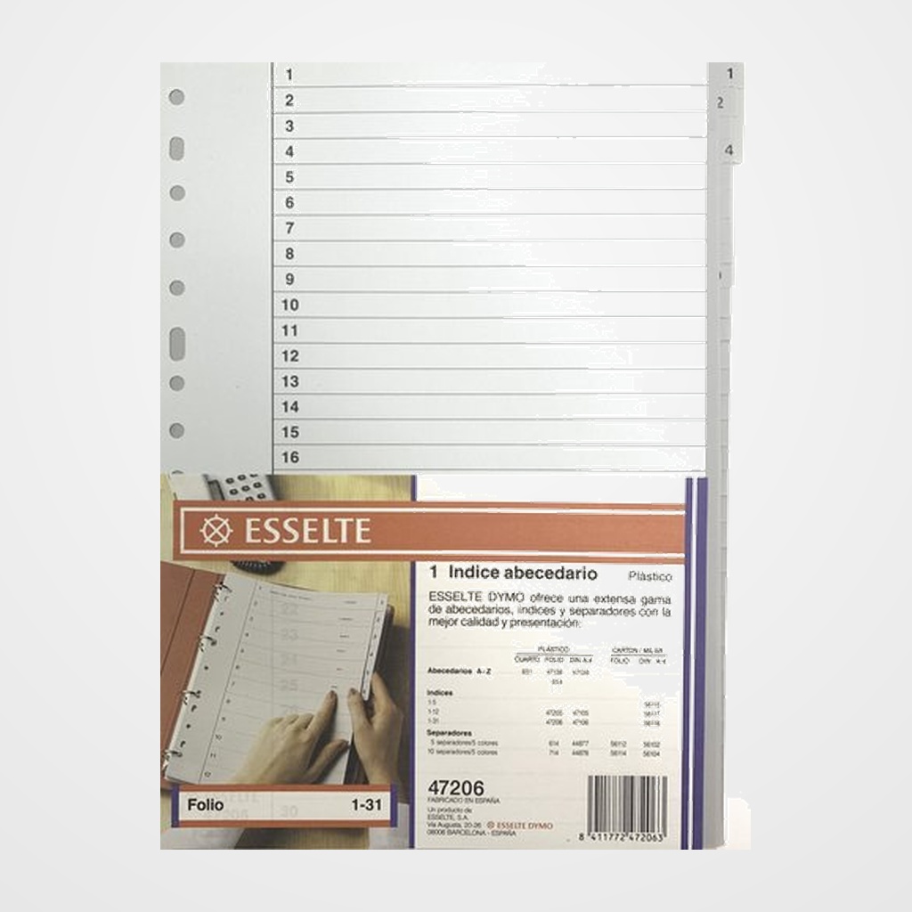 INDICE ESSELTE PP NUMERICO Fº pestañas 1-31 16 taladros GRIS con IND.COL.