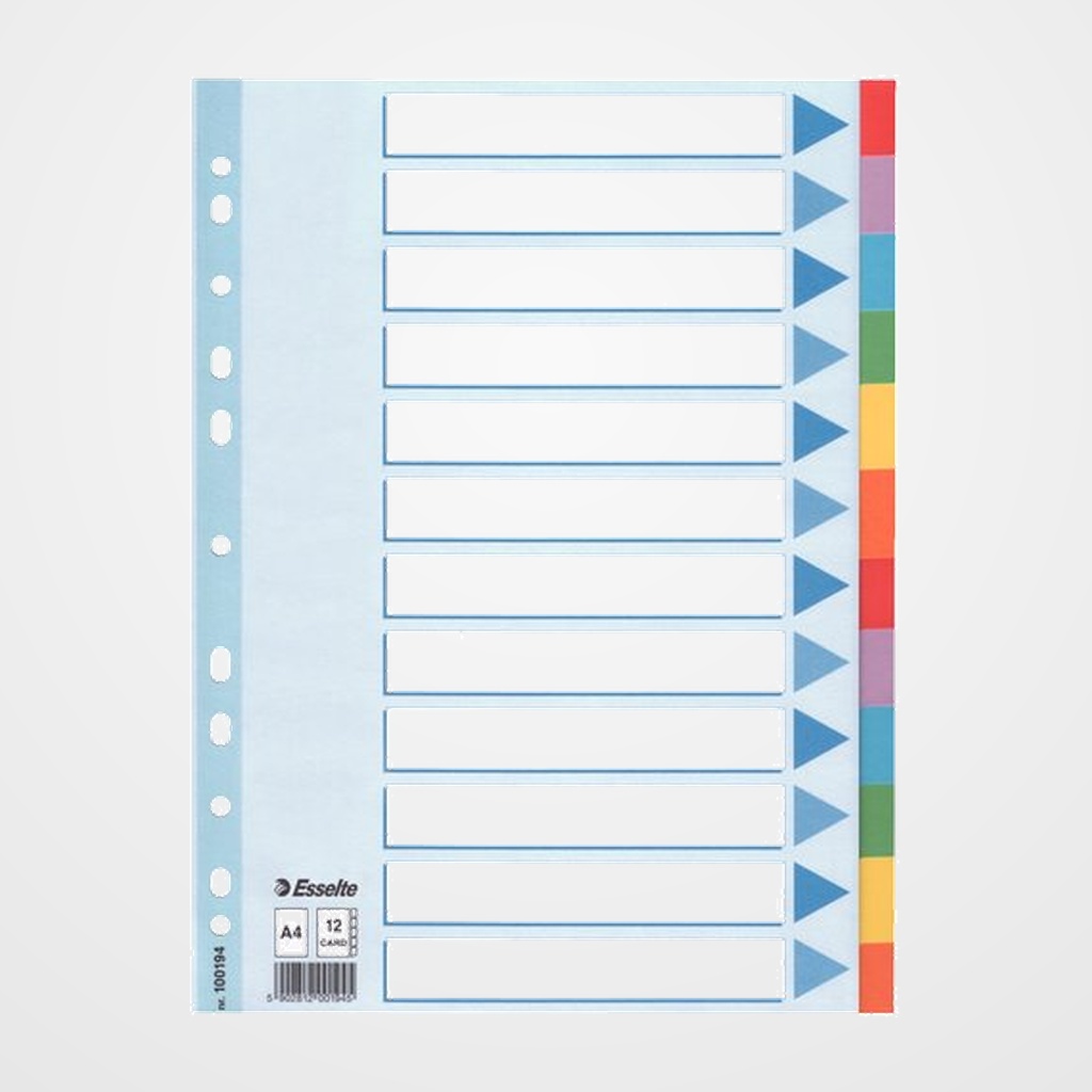 SEPARADORES ESSELTE CARTULINA A4 12 pestañas 11 taladros con IND.COL.