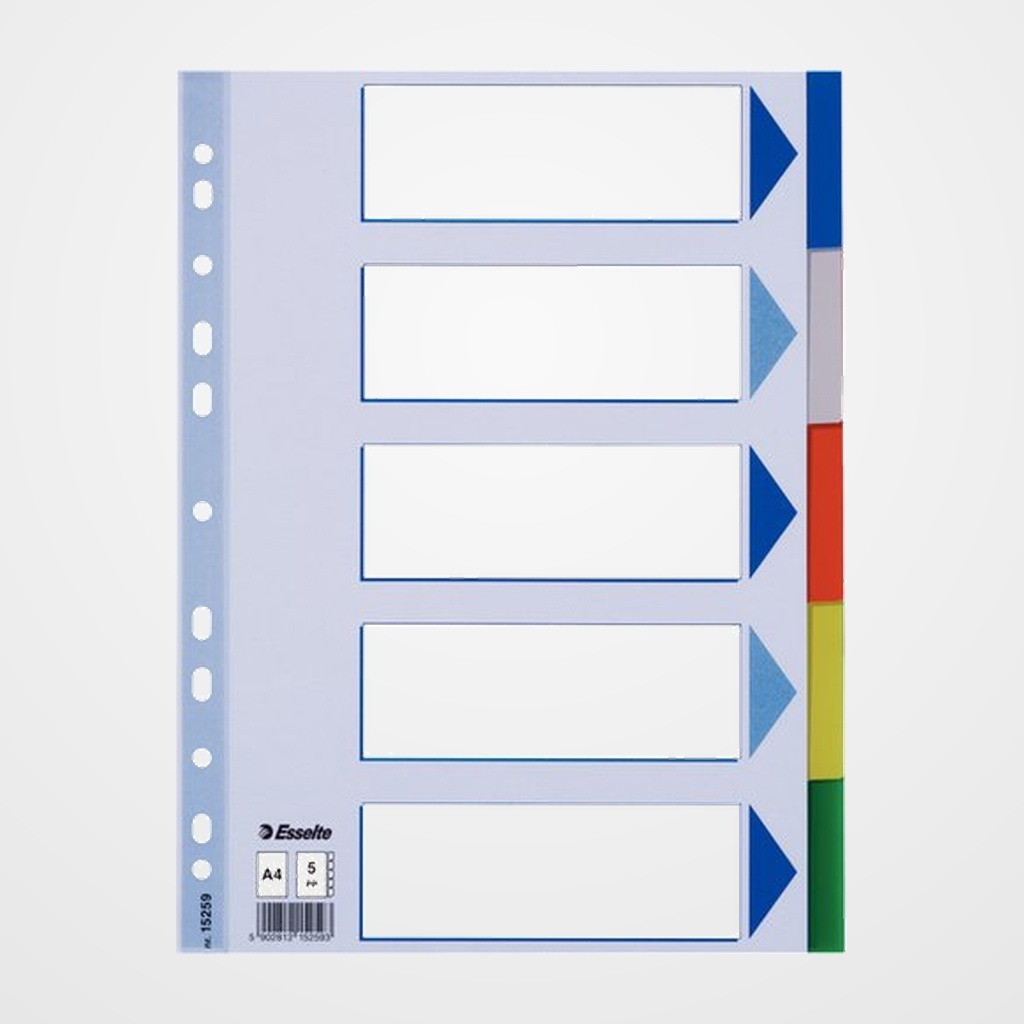 SEPARADORES ESSELTE PP A4  5 pestañas 11 taladros con IND.COL.