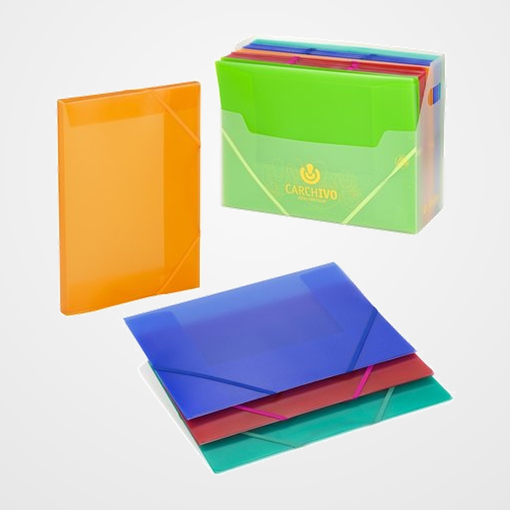 CARPETA de GOMAS y SOLAPAS CARCHIVO PP TRANS. Fº FLUOR SURTIDO (6 col.)