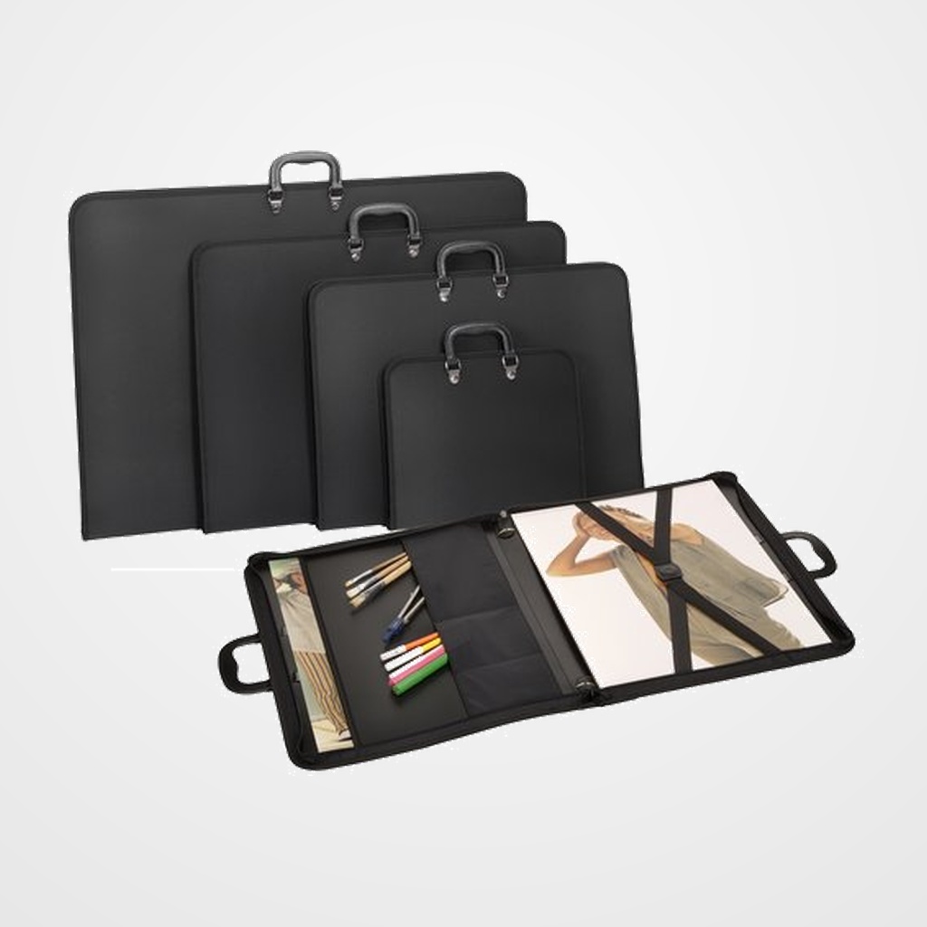 MALETIN de DIBUJO CARCHIVO PP GOFRADO con CREMALLERA, ASA, BOLSILLOS y BANDOLERA A2 NEGRO