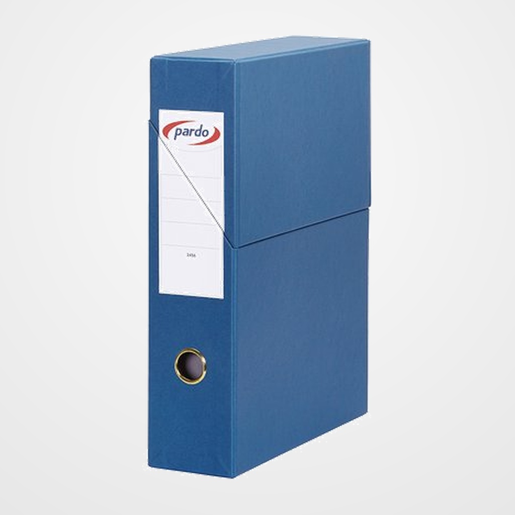 CAJA de TRANSFERENCIAS PARDO CARTON FORRADO PVC A4 ARCHIVADOR VERTICAL 8 cm AZUL