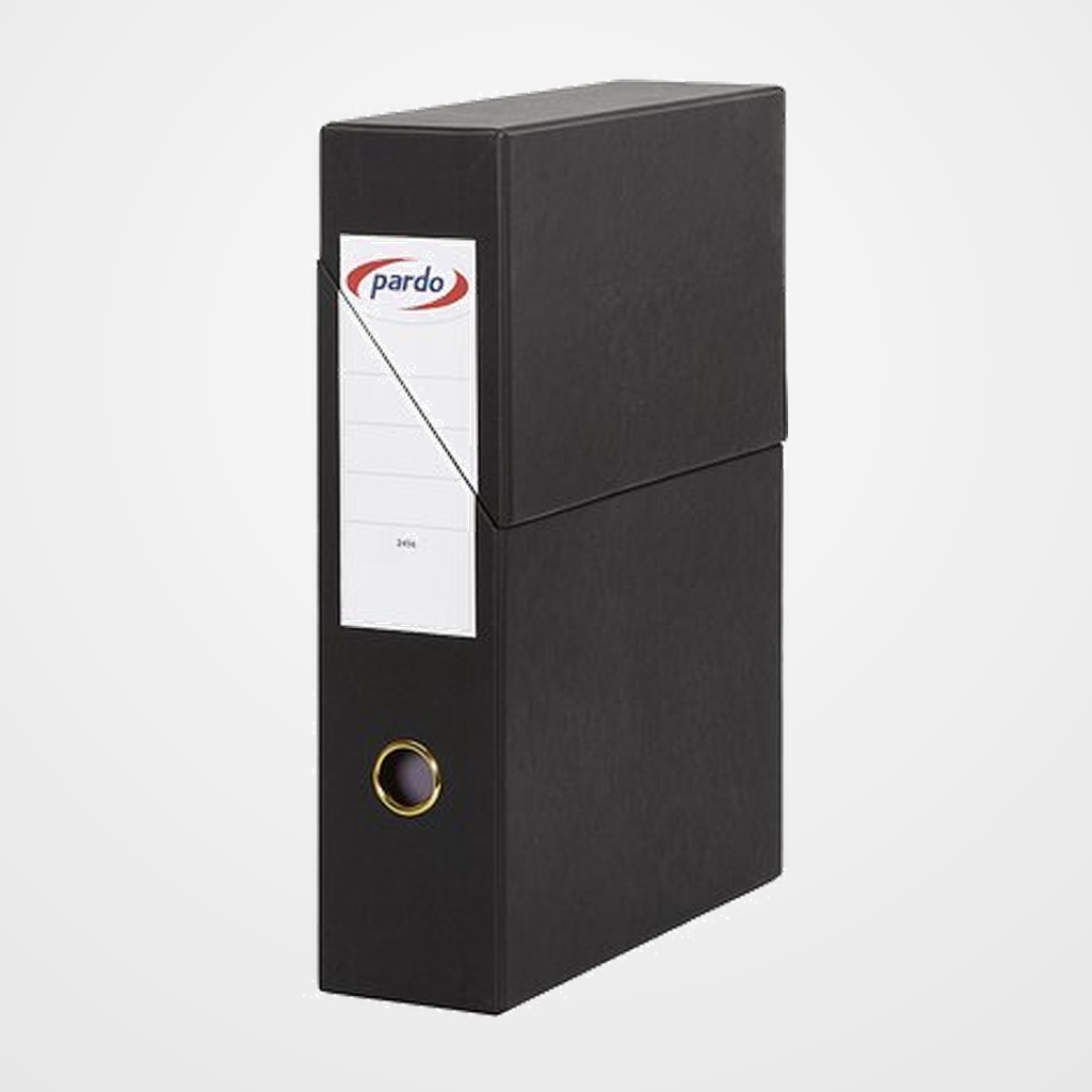 CAJA de TRANSFERENCIAS PARDO CARTON FORRADO PVC A4 ARCHIVADOR VERTICAL 8 cm NEGRO