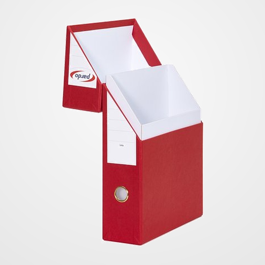 CAJA de TRANSFERENCIAS PARDO CARTON FORRADO PVC A4 ARCHIVADOR VERTICAL 8 cm ROJO