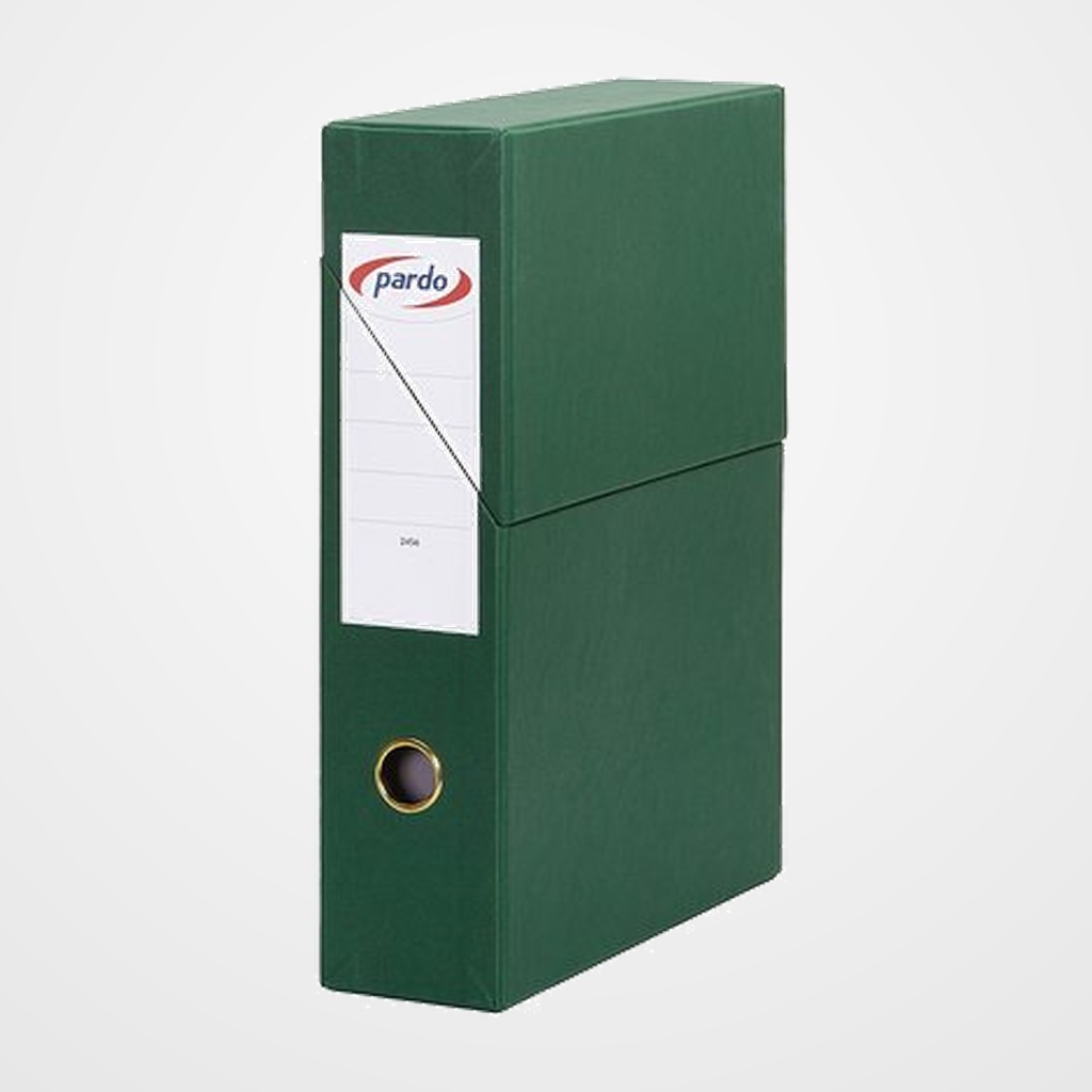 CAJA de TRANSFERENCIAS PARDO CARTON FORRADO PVC A4 ARCHIVADOR VERTICAL 8 cm VERDE