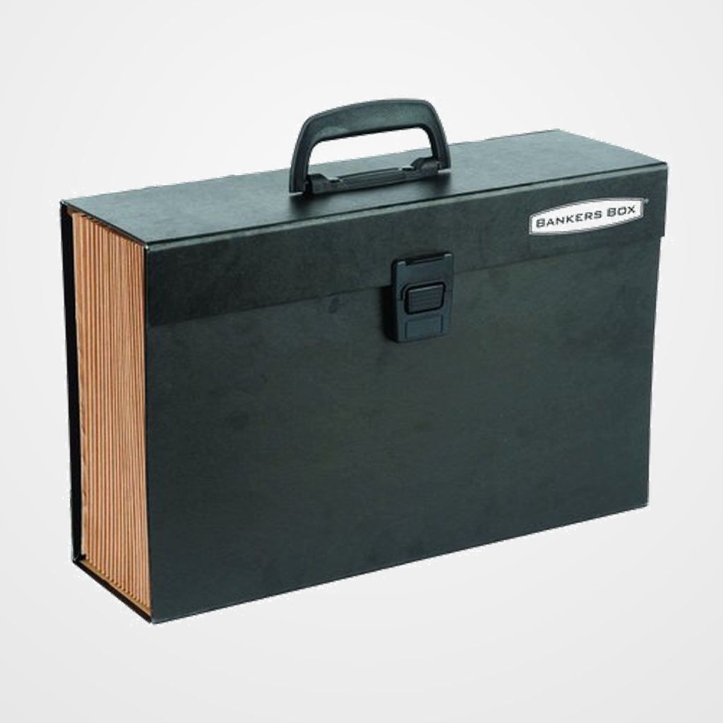 CLASIFICADOR ACORDEON FELLOWES BANKERS BOX PP 368x260mm 19 DPTOS.MALETIN con ASA LOMO 130mm NEGRO