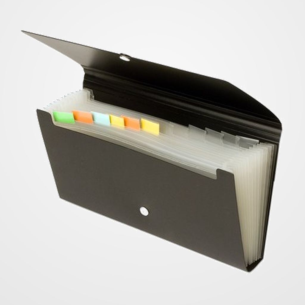 CLASIFICADOR ACORDEON OFFICE BOX PP RECIBOS 120x260mm 12 DPTOS. GOMAS con BROCHE NEGRO