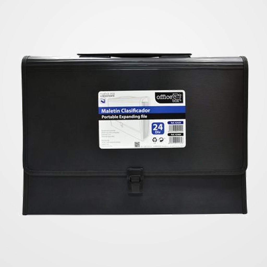CLASIFICADOR ACORDEON OFFICE BOX PP 385x290mm 24 DPTOS.MALETIN con ASA LOMO 70mm NEGRO