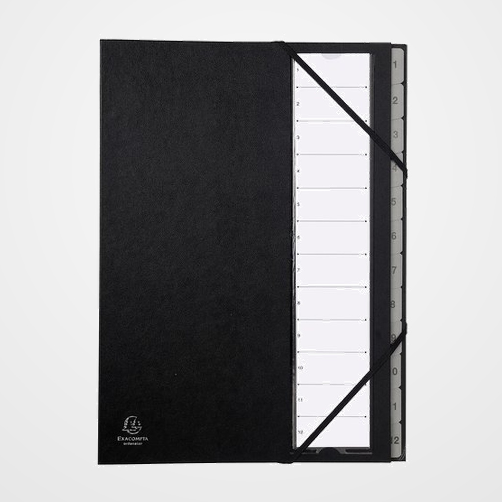 CLASIFICADOR lomo FUELLE EXACOMPTA PP A4 12 SEPARAD. (1-12) GOMAS NEGRO