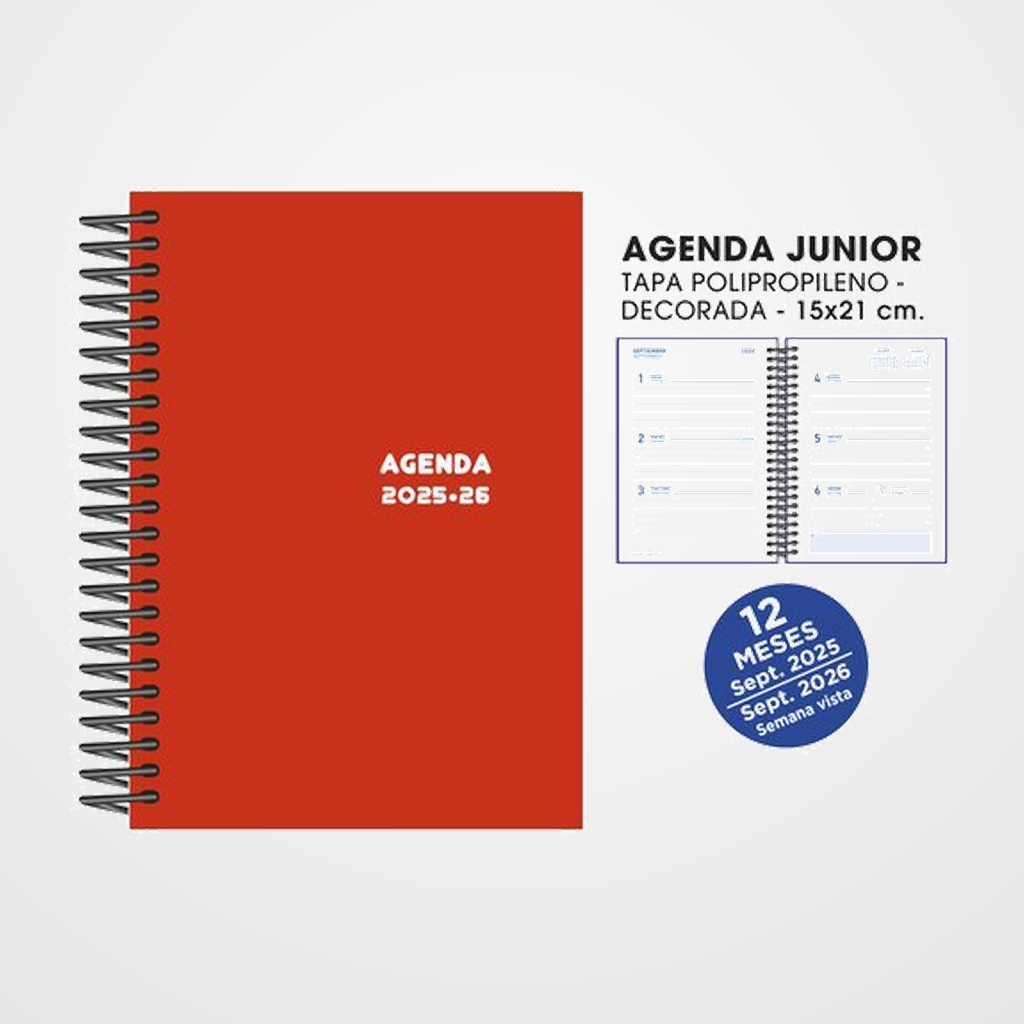 AGENDA ESCOLAR (2025-26) SENFORT JUNIOR ESPIRAL tapa PVC 150x210 S/V ROJO